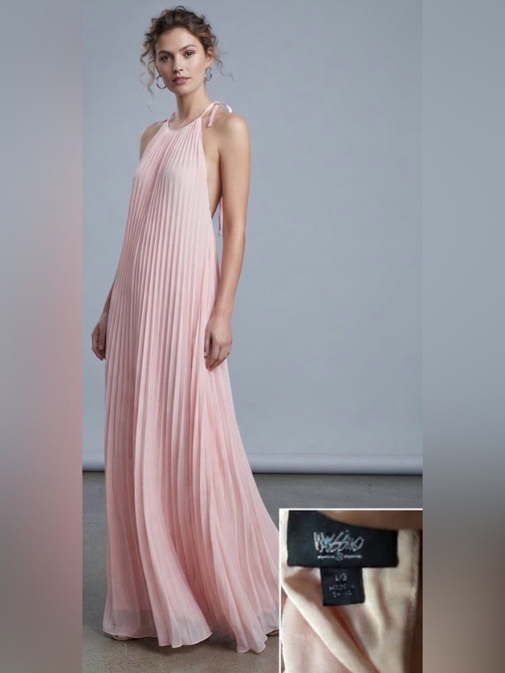 VINTAGE Mossimo Pink Pleated Halter Maxi Dress Sz L/3 Flowy Sundress